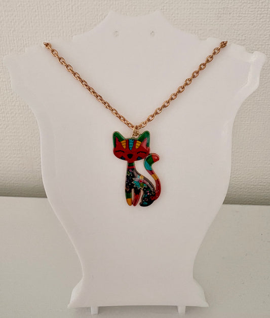 Cat Pendant Necklace - red and green