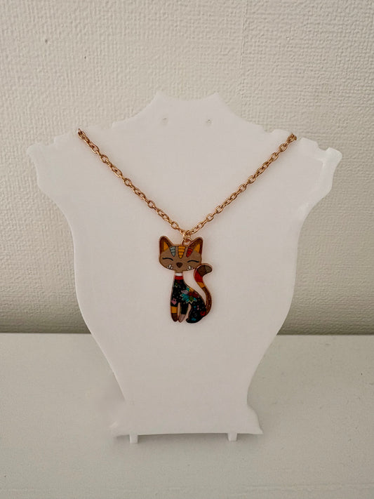 Cat Pendant Necklace - beige/brown floral