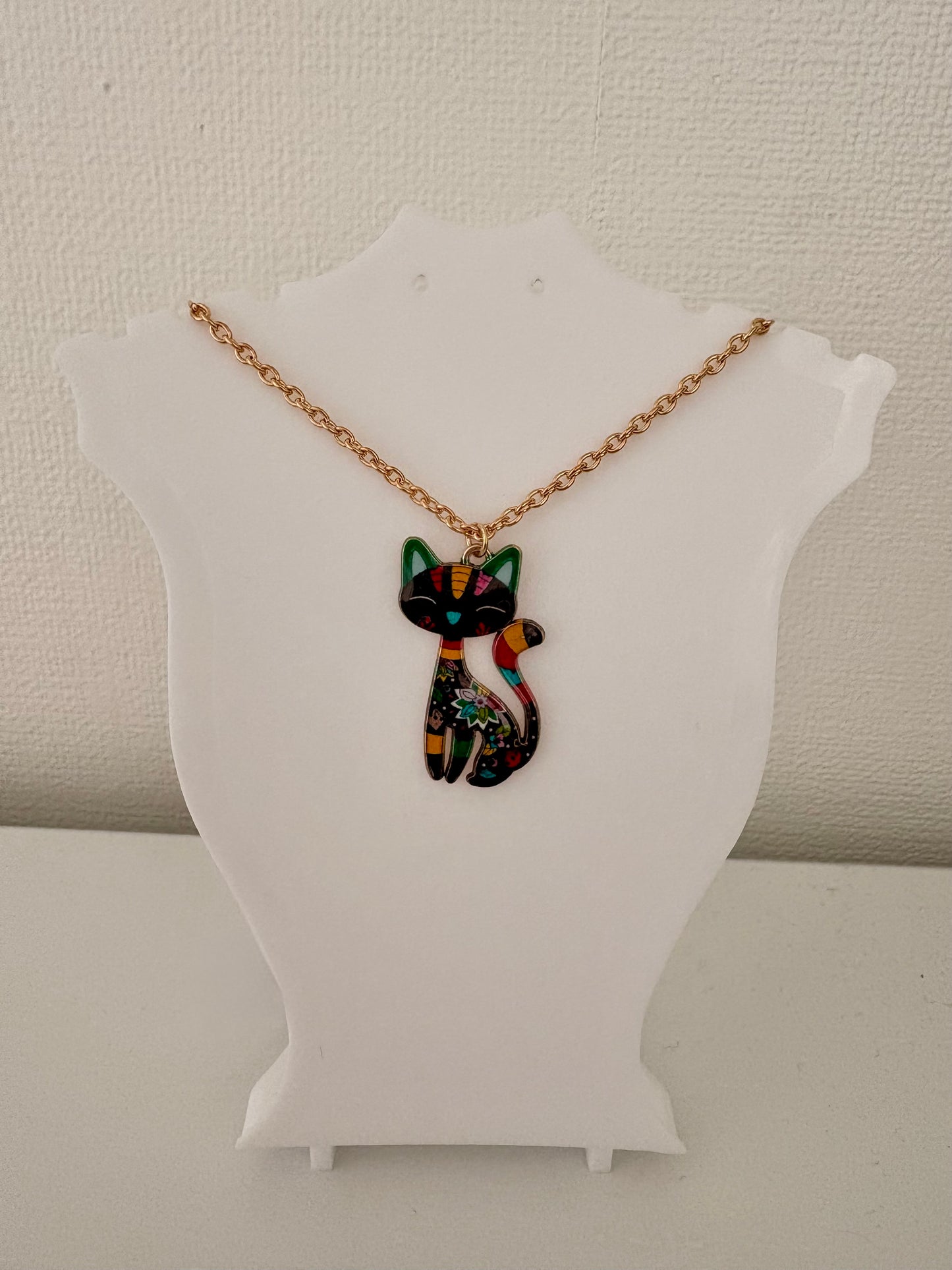 Cat Pendant Necklace - black floral