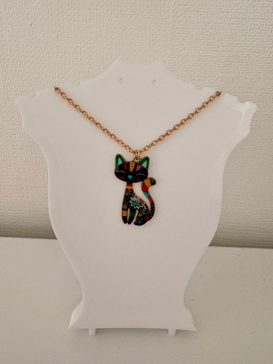 Cat Pendant Necklace - black floral