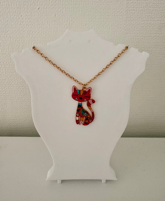 Cat Pendant Necklace - pink floral