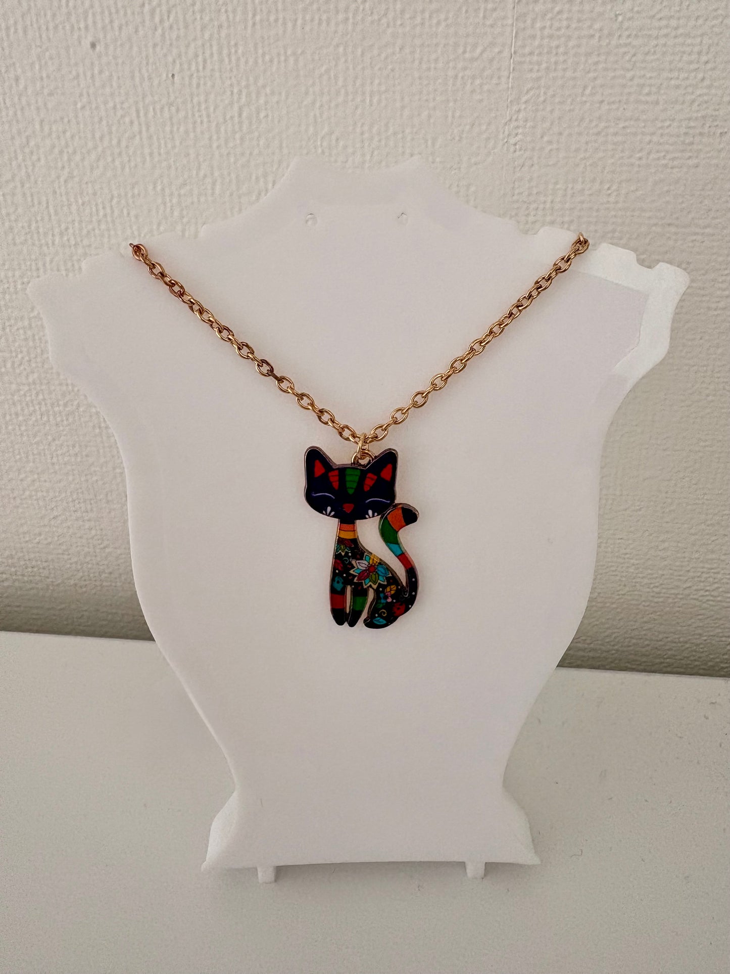 Cat Pendant Necklace - dark purple floral