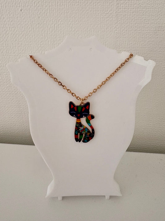 Cat Pendant Necklace - dark purple floral