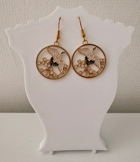 Crane Blossom Circle Drop Earrings